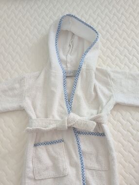 MAURA KIDS White Hooded Kids Robe with Light Blue Gingham Trim